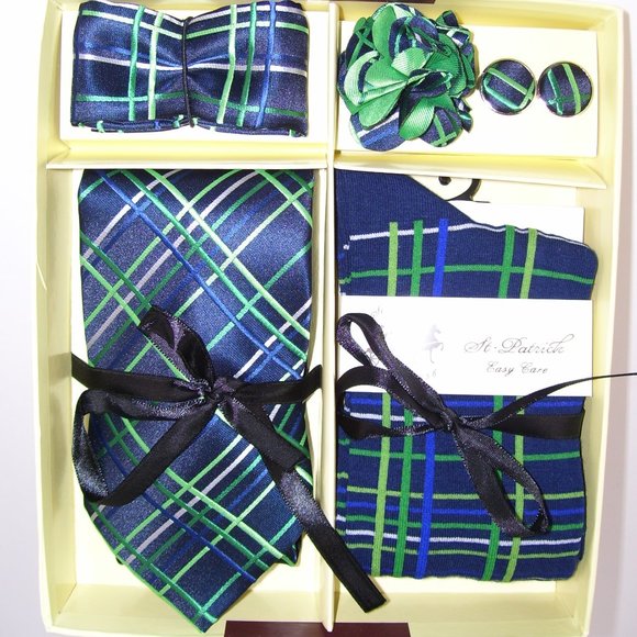 St. Patrick Green Blue Neck Tie & Socks Box 5 Set